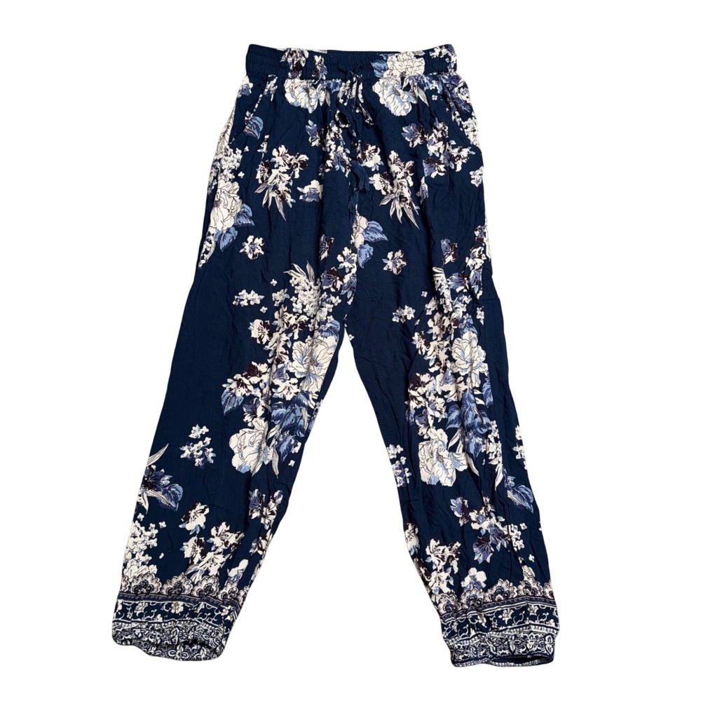 Angie Floral Jogger Pants Women Medium Navy Blue Excellent‎ Boho Rayon Tassel